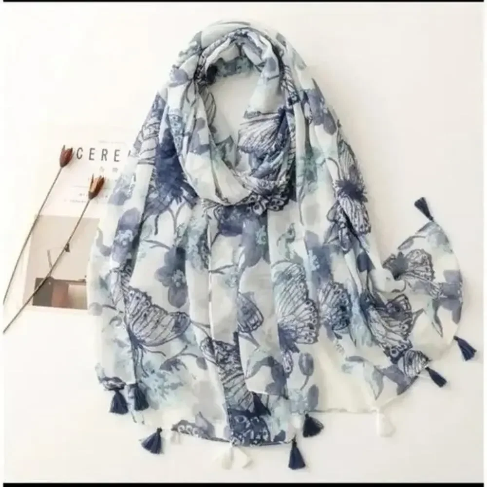 NEW Boho Butterfly Design Tasseled Rectangle Soft Chic Scarf Large Blue White